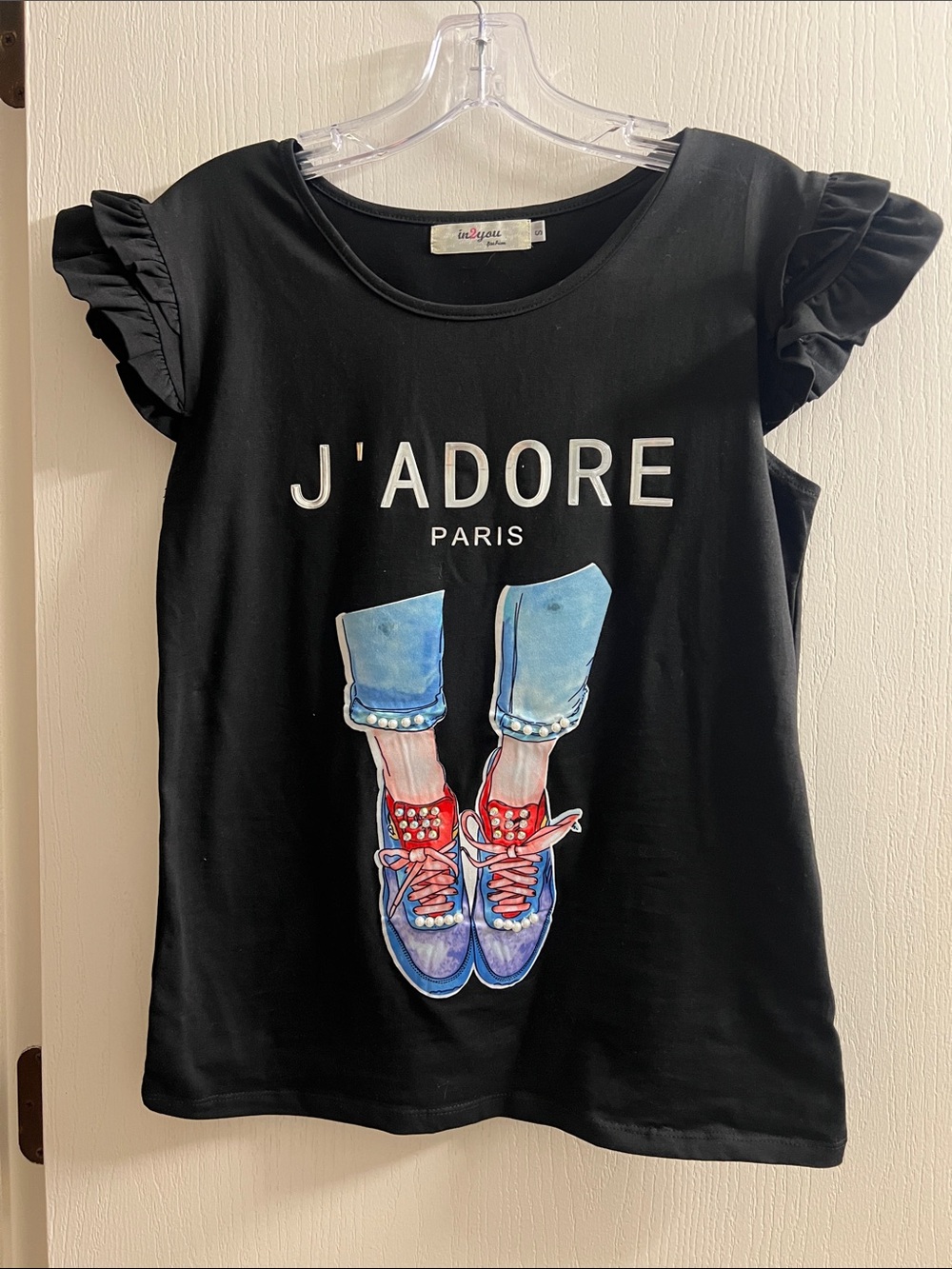J'Adore Paris Black Graphic Tee with Ruffle Sleeves